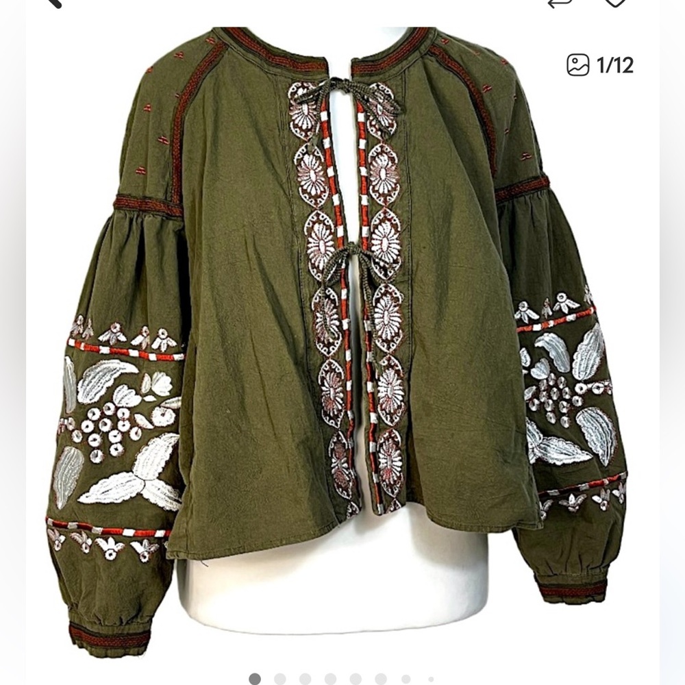 Anthro RD & Koko Boho Olive Green orange/white Embroidered tie front shacket S/M